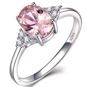 Sterling Silver Ring Size 7 Simulated Morganite Peachy Pink CZ 6x8mm Stone